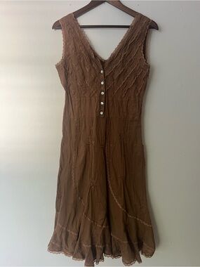 Chaundry 70s boho Brown Sleeveless Button-Front Embroidered Dress, women’s M